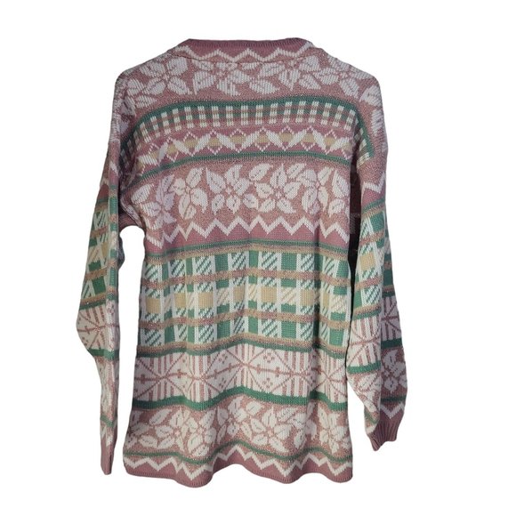VTG 80s Womens Pink Green Snowflake Patterned Ugly Fun Sweater Small  USA - Picture 2 of 13